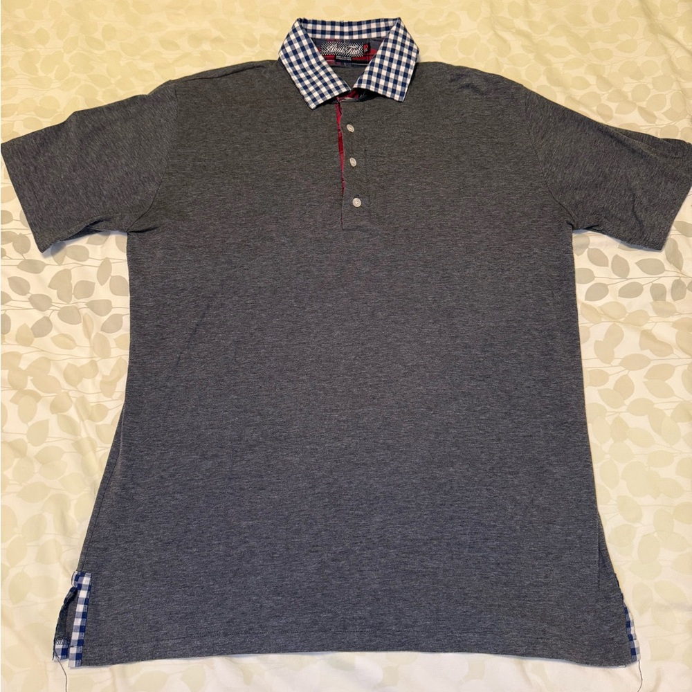 Men's Gray Polo Shirt with Checkered Collar